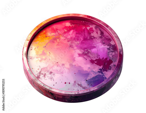 Circular platform with marbled edge, splashed vibrant colors