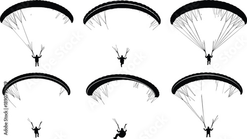 Black Silhouette Set of Paraglider Flying in Sky Collection of Paragliding Men With Parachute Vector Illustration for Extreme Sport Outdoor Adventure Activity Graphic Design