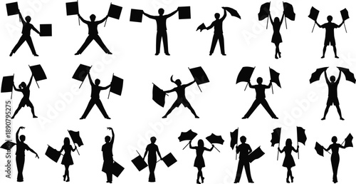 Black silhouette vector set of diverse people holding flags in various semaphore positions for communication signaling and festive celebration isolated on white background