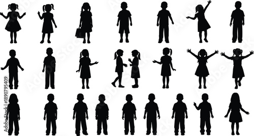 Large Collection of Children Silhouettes Featuring Boys and Girls in Diverse Poses Including Standing Talking Waving and Playing Isolated on Plain White Background for Design