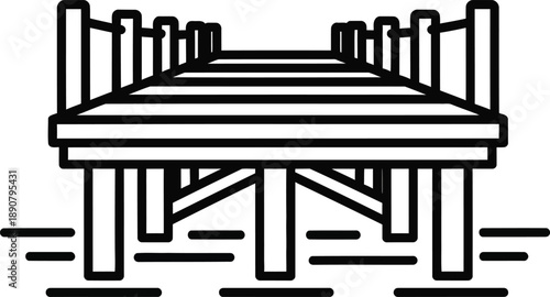 Wooden Pier Line Icon for Coastal Travel, Marine Landscape and Tourism Design
