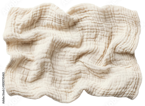 Crumpled piece of beige muslin cotton fabric with wrinkled texture on a transparent background