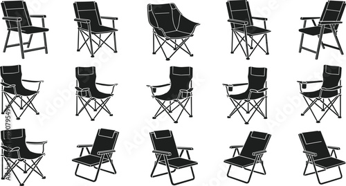 Vector collection of black isolated camping chair icons and folding outdoor furniture silhouettes for summer vacation, hiking, picnic, camping trip, and garden relaxation set.