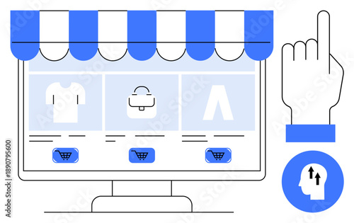 E-commerce concept. E-commerce promotes digital transactions and transforms shopping experiences. E-commerce tools improve business operations and online engagement. For retail, marketing