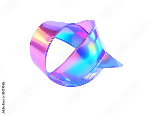 Iridescent, ribbon-like structure on black background, glossy and curved