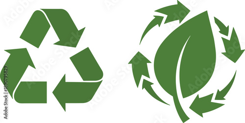green recycling icons with arrows, heart, and leaf motifs symbolizing sustainability, eco care, and conservation