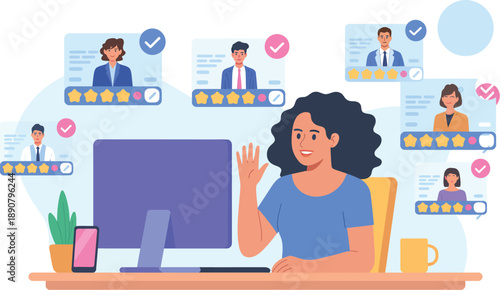 Human resources hiring concept illustration featuring recruitment workflow interview evaluation candidate screening and career management