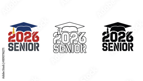 Three different colored senior graduation logos with 2026 text on white