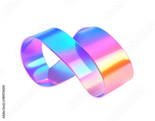 A floating, iridescent, Mobius-like form against a stark black background