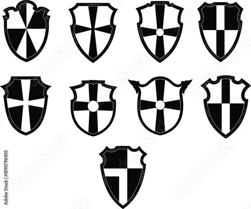 Grid of nine heraldic shields with black and white geometric designs, ideal for pattern recognition and visual reasoning puzzles