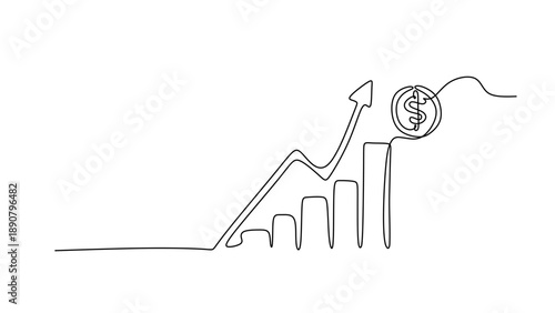 Continuous Line Drawing of a Rising Financial Graph and Coin