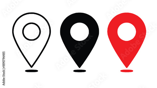 Three colorful map pin icons on a clean white background for navigation
