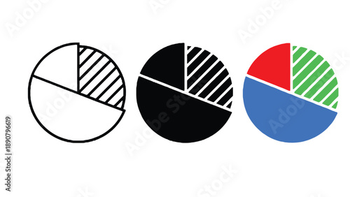 Three pie charts with different color schemes on a white background