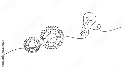 Continuous Line Drawing of Gears Connected to a Bright Idea Lightbulb