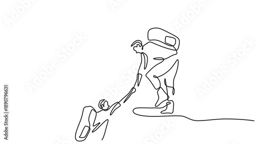 Continuous Line Art of Teamwork with Climbers Helping at a Summit