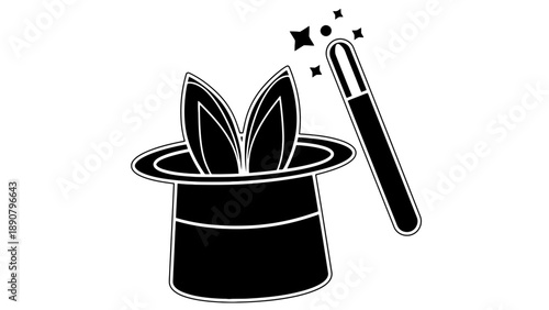 A black and white illustration of a magic trick with a rabbit in a hat