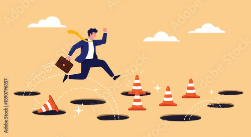 Business man jumping over holes