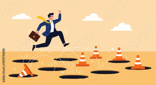 Business Man Jumping Over Holes