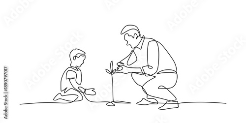 Continuous Line Drawing of a Father and Child Planting a Tree