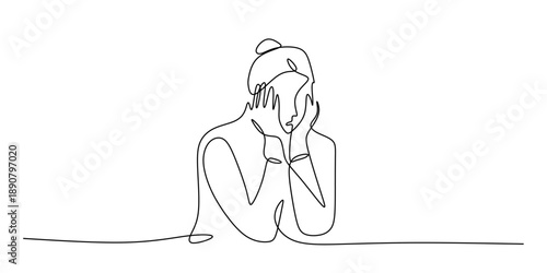 One Line Drawing of a Depressed Woman Covering Her Face in Sadness