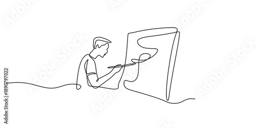 One Line Drawing of an Artist Painting on a Canvas with a Brush