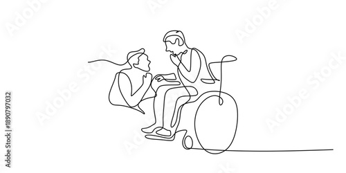 One Line Drawing of a Happy Person in a Wheelchair with a Friend