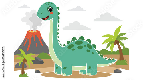 A cartoon dinosaur standing in front of a volcano and palm trees
