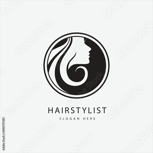 Modern Hairstylist Logo Design with Woman's Profile and Flowing Hair in a Circular Frame