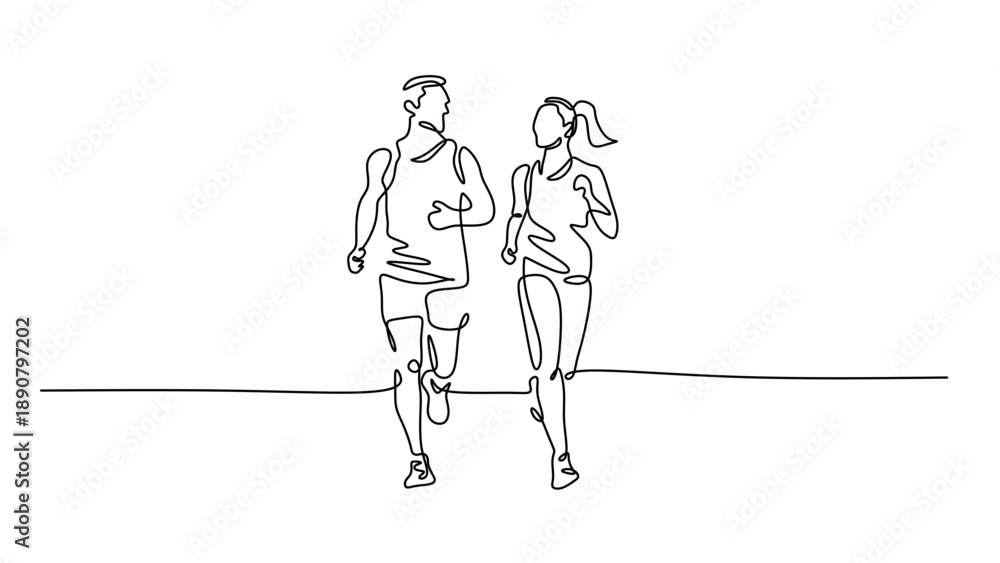 Fototapeta premium One Line Drawing of an Athletic Couple Jogging Together