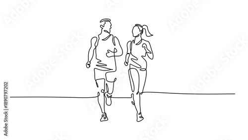 One Line Drawing of an Athletic Couple Jogging Together