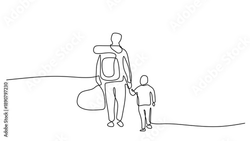 One Line Drawing of a Father Walking His Son to School with Backpacks