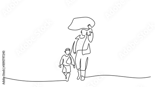 Continuous Line Drawing of a Father and Son Traveling with a Suitcase