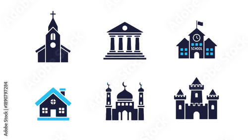 A collection of various religious and educational building icons on a white background