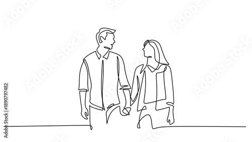 Continuous Line Drawing of a Couple Holding Hands and Walking