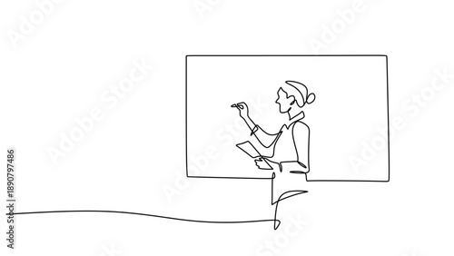 Single Line Drawing of a Teacher Writing on a Classroom Blackboard
