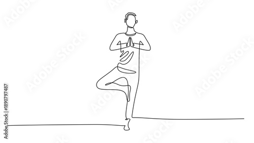 One Line Drawing of a Woman in a Standing Yoga Tree Pose