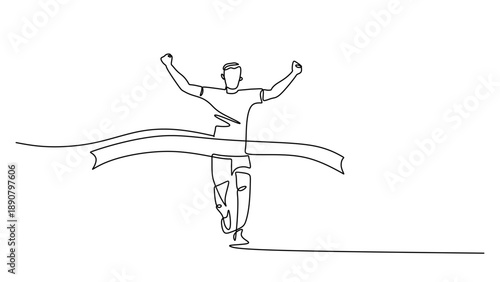 Single Line Drawing of a Runner Winning a Race at the Finish Line