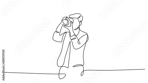 Single Line Drawing of a Photographer Holding a Camera to Take a Picture
