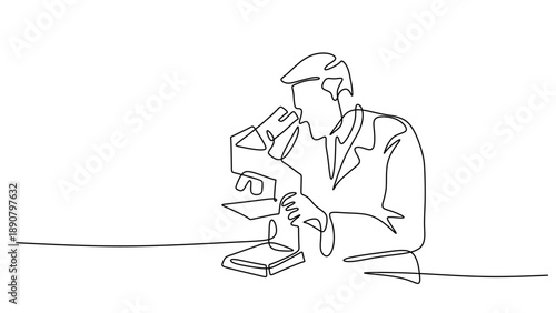 One Line Drawing of a Scientist Using a Microscope for Research