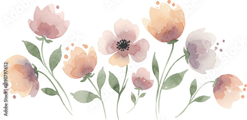 Delicate watercolor flowers blooming in a serene floral arrangement, viewed from directly above.