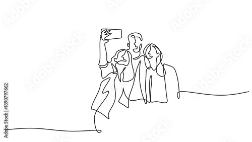Line Art Drawing of a Group of Friends Taking a Selfie Together