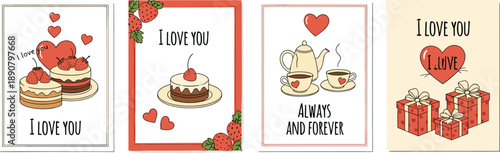 Collection of assorted greeting cards featuring cakes, tea, and gifts with love messages from various viewpoints