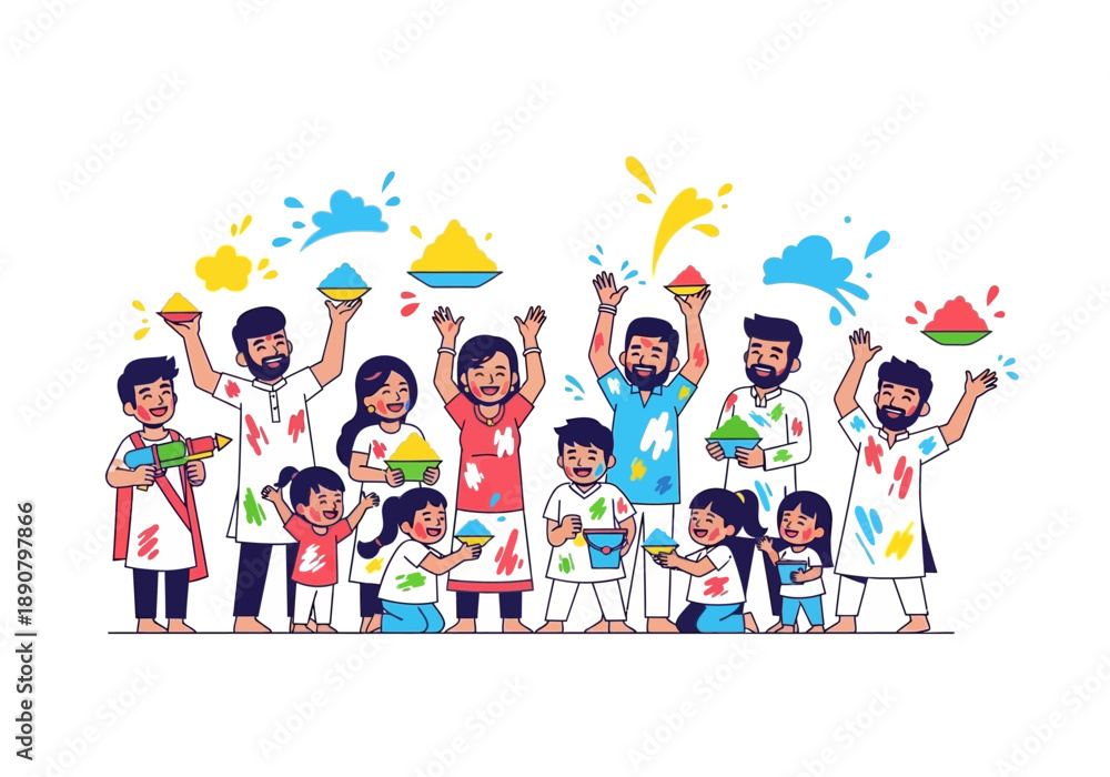 Fototapeta premium Happy diverse family and friends celebrating Holi festival with colors.