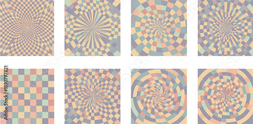 Collage of geometric patterns and spiral designs in pastel colors viewed from directly above