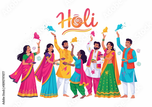 Diverse group of people celebrating Holi festival with colors.