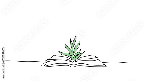 Single Line Drawing of Open Book with Growing Plant