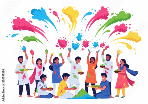 Diverse group of people celebrating Holi festival with vibrant colors.
