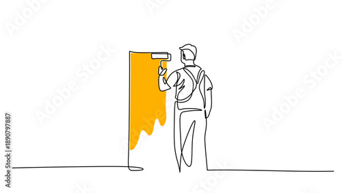 One Line Drawing of a Painter Decorating a Wall with a Roller