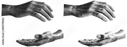 2 style Halftone hands collection. Halftone hands show grabbing gesture . Stylish halftone collage design elements. Hand gestures in pop art style. Transparent background