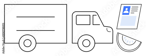Transportation concept. Transportation ed by delivery truck, drivers license, and location marker symbols. Transportation emphasizing logistics, identity verification, and location tracking